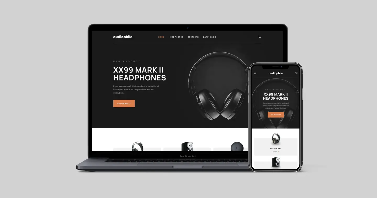 Audiophile E-commerce project in desktop and mobile mockup devices